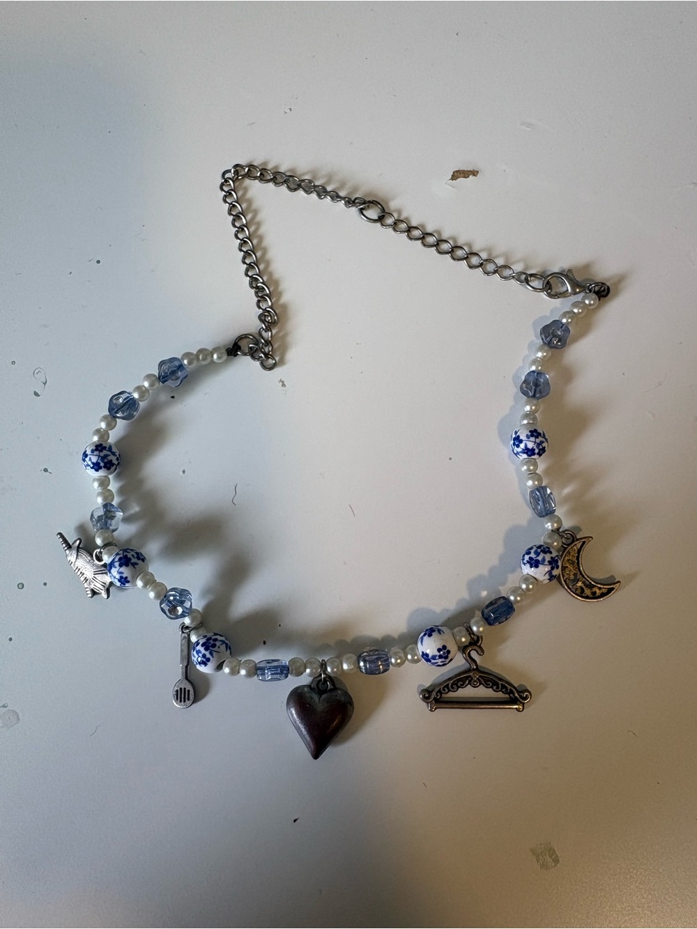 Blue & White Beaded Charm Necklace with Heart and Moon